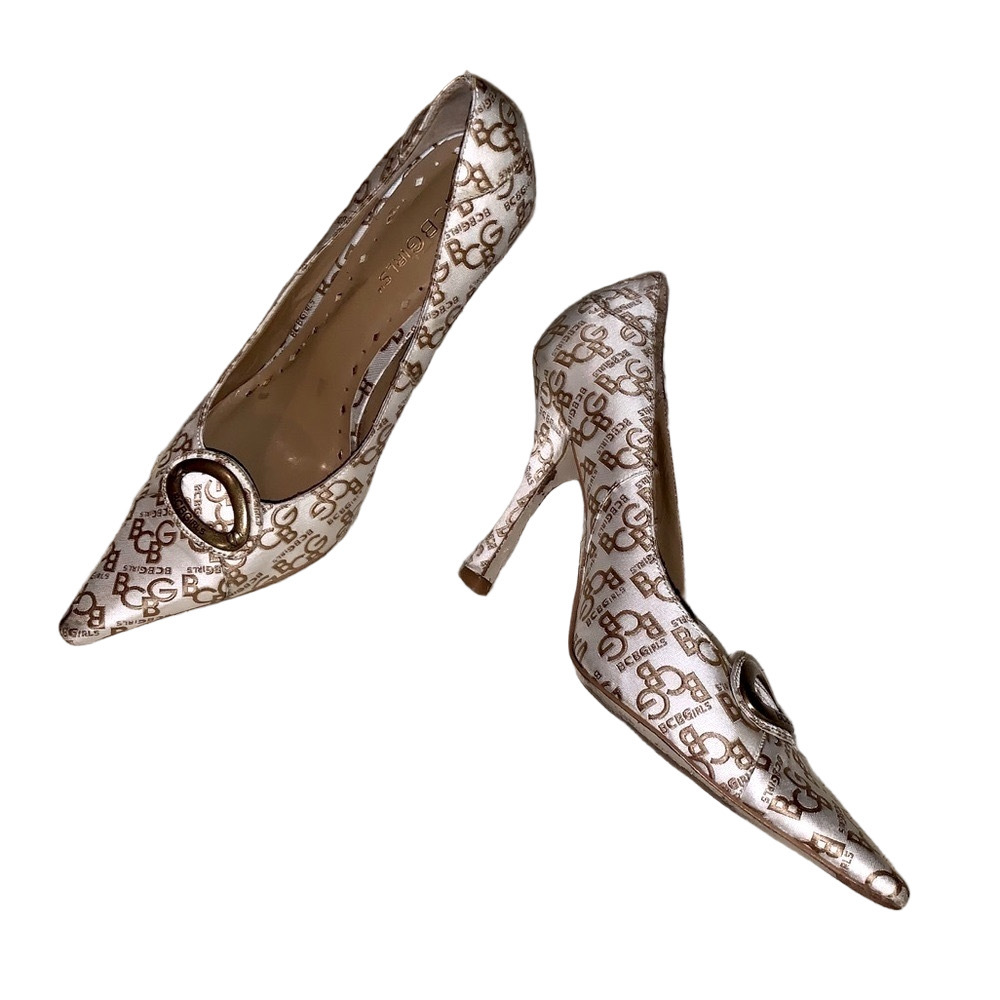 BCBGirls White and Brown Logo Pointed Toe High Heels